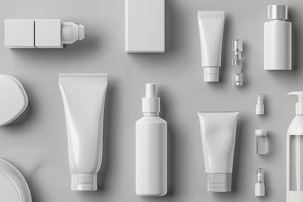 miscellaneous white bottles and containers on a light gray background