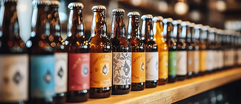 Row of beer bottles lined up on a wood shelf with a variety of label designs