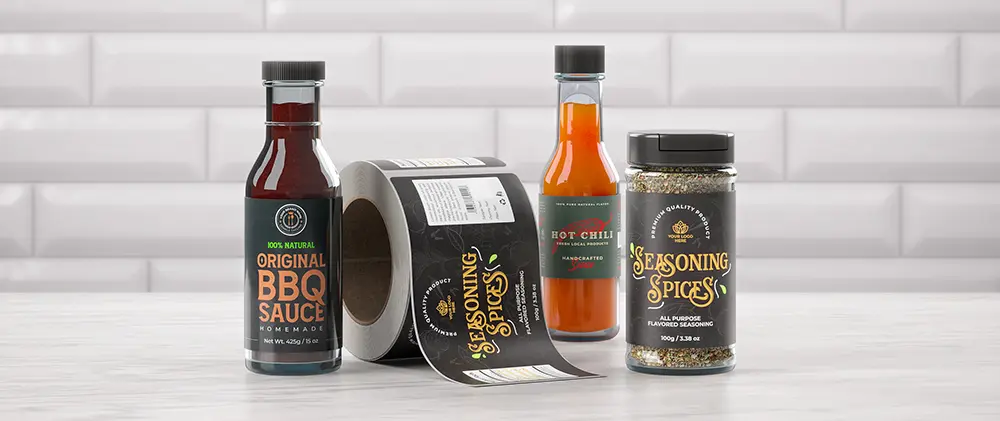 bbq sauce bottle with custom bbq sauce label with spice jar and roll of custom spice labels
