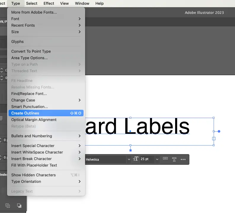 screen shot instructions showing how to outline fonts in Adobe Illustrator