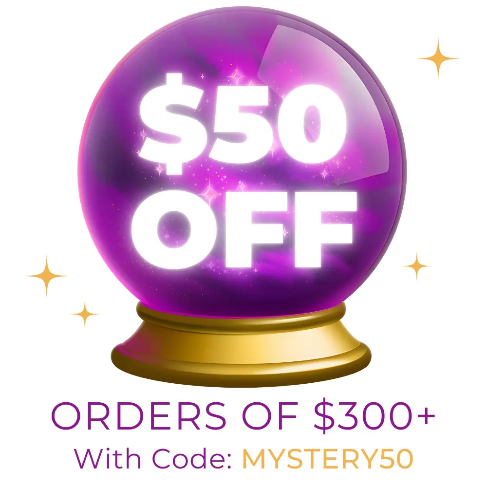 crystal ball promo graphic for $50 off custom label orders of $300 or more