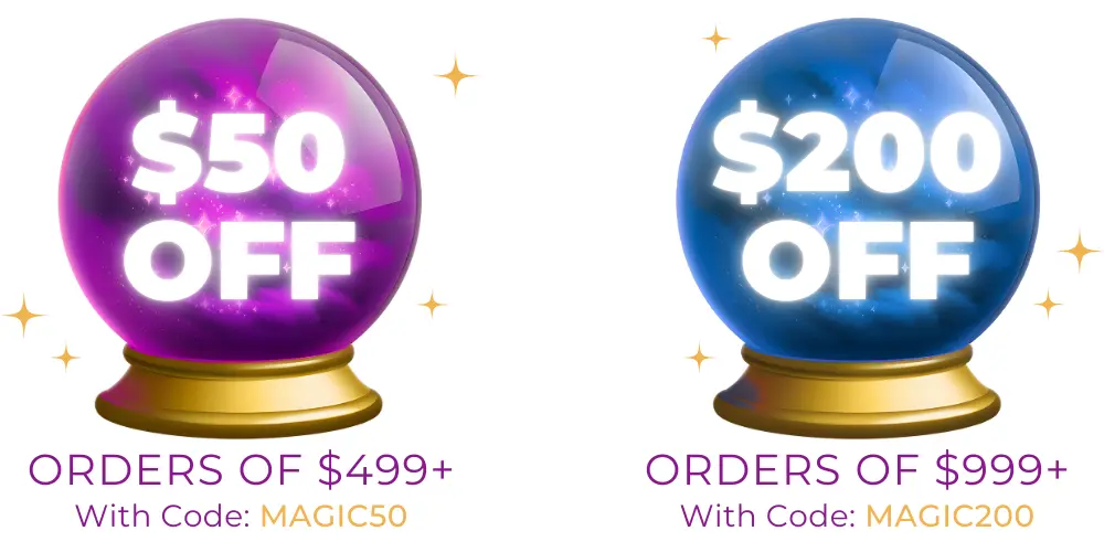 crystal ball promo graphic for $50 off custom label orders of $300 or more