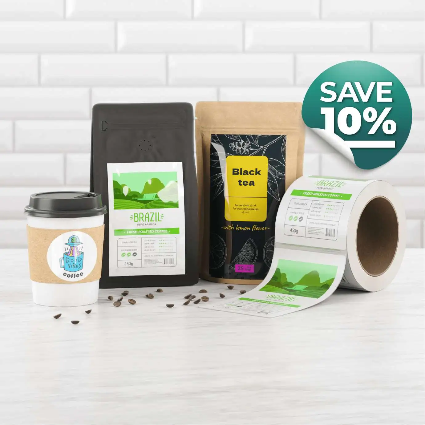custom labels on coffee packages with 10% off sticker