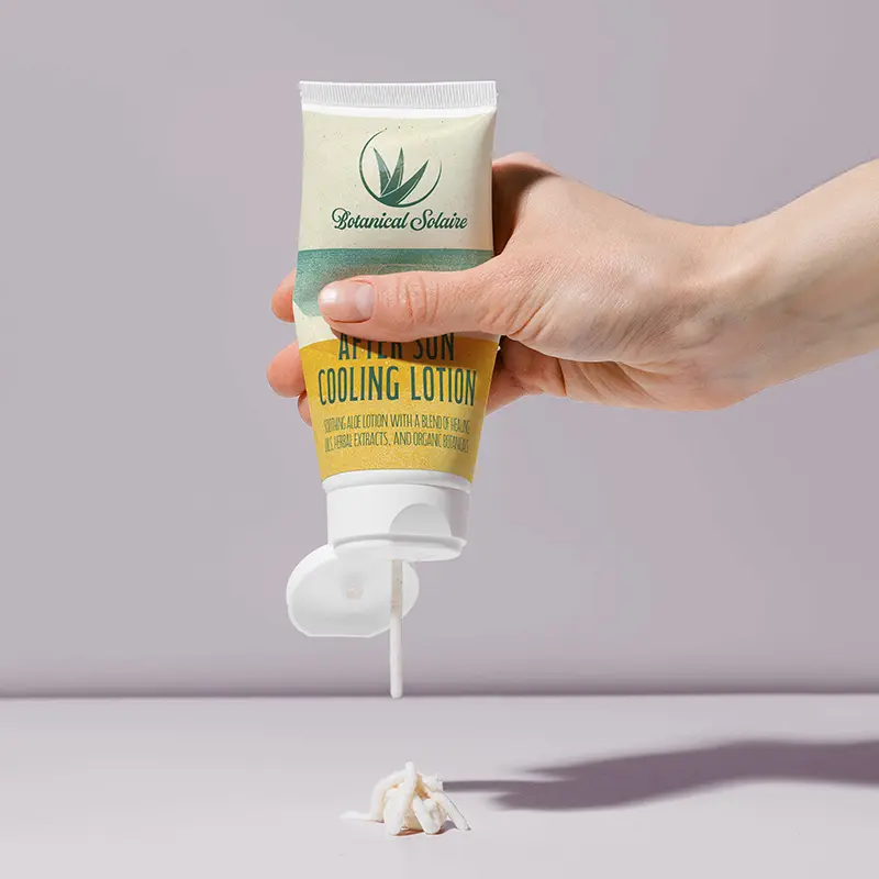 hand squeezing after sun cooling lotion bottle with squeezable label material