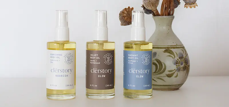 clerstory body oil bottles with custom labels