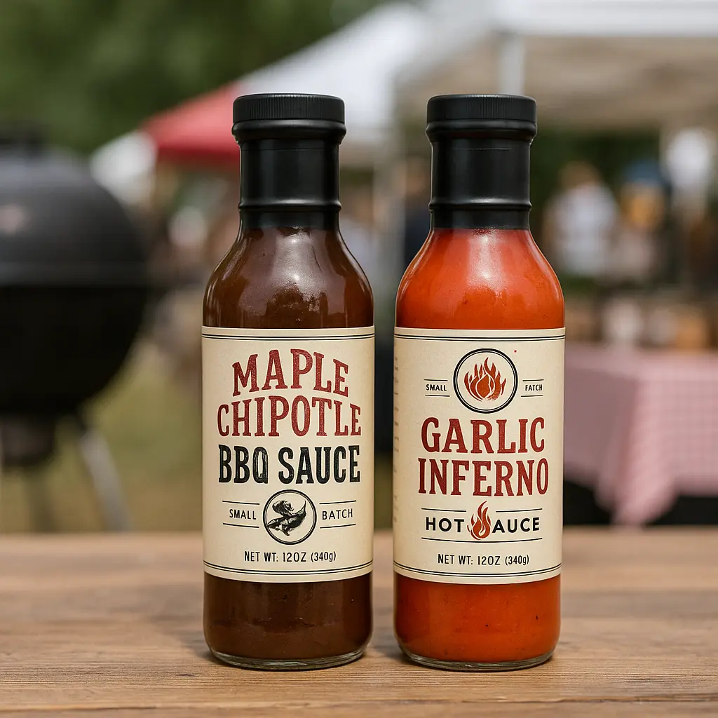hot sauce and barbecue sauce bottles with custom labels