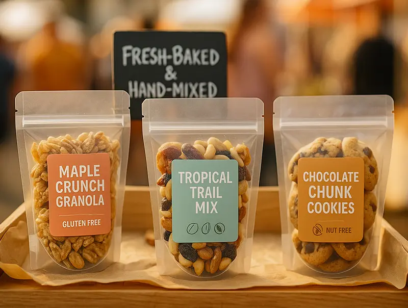 food pouches with labels at a farmers market